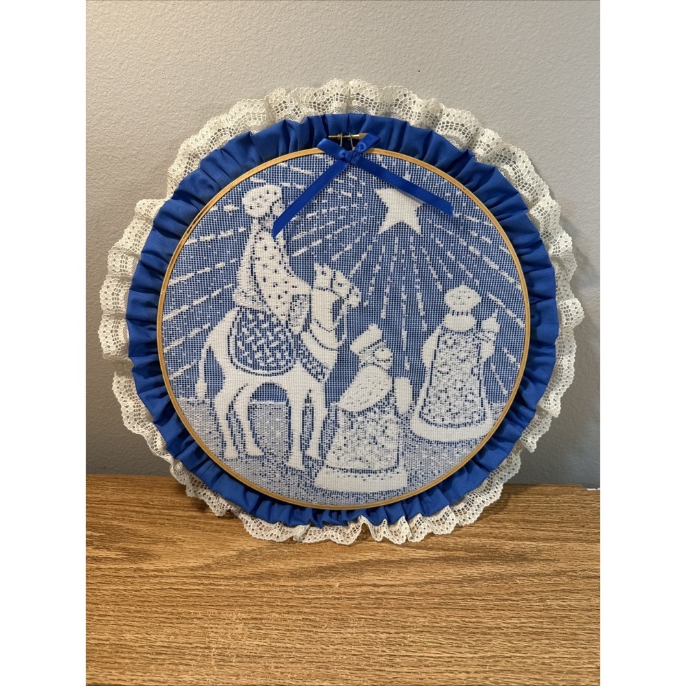 Vintage Fabric Hoop Wall Art Christmas Decorative Art Blue 3 Wisemen